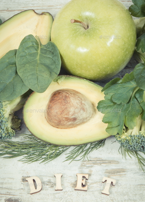 Inscription diet with fruits and vegetables containing natural minerals, vitamins and fiber - Stock Photo - Images