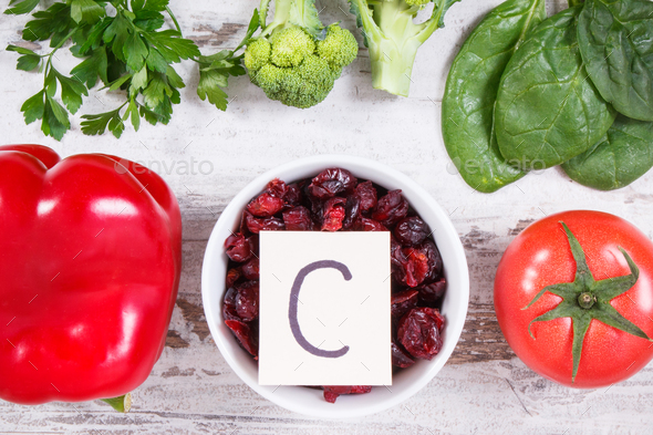 Fresh ripe fruits and vegetables as sources vitamin C, fiber and minerals, strengthening immunity - Stock Photo - Images