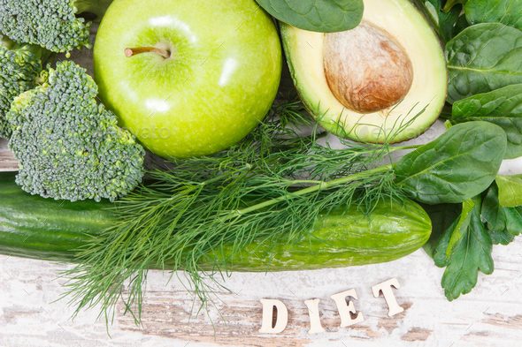 Inscription diet with fruits and vegetables containing natural minerals, vitamins and fiber - Stock Photo - Images