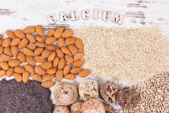 Products and ingredients containing calcium and dietary fiber, healthy nutrition - Stock Photo - Images