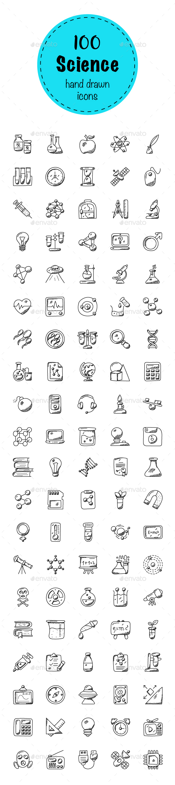 100 Science and Fiction Doodle Icons - Icons