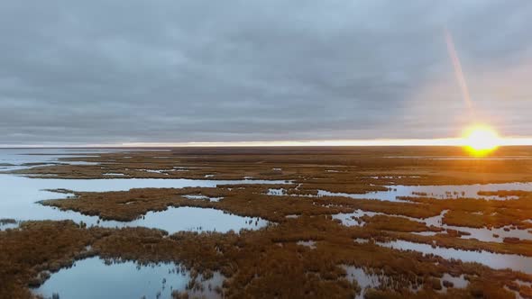 Drone camera shoots overgrown lake and sunset on the horizon in North Shoal Lake, Manitoba, Canada alt