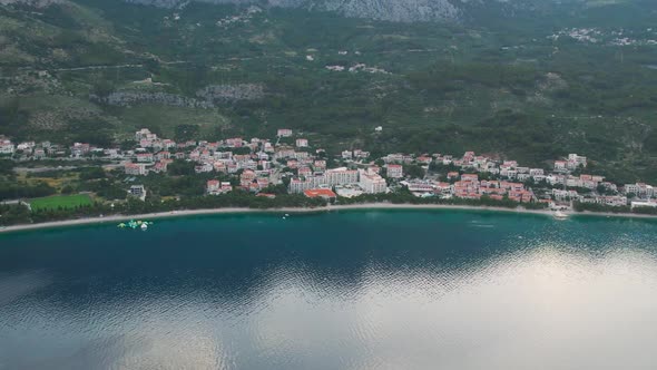 CROATIA  Cirka 2020s  Beautiful Aerial Over the Tucepi Coast Makarska Riviera in the Morning
