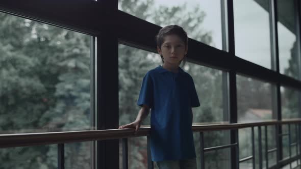 Sad Boy Standing Alone at Panorama Window alt