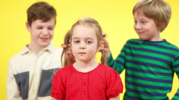 Portrait of Cute Little Girl Looking at Camera As Boys Pulling Pigtails ...