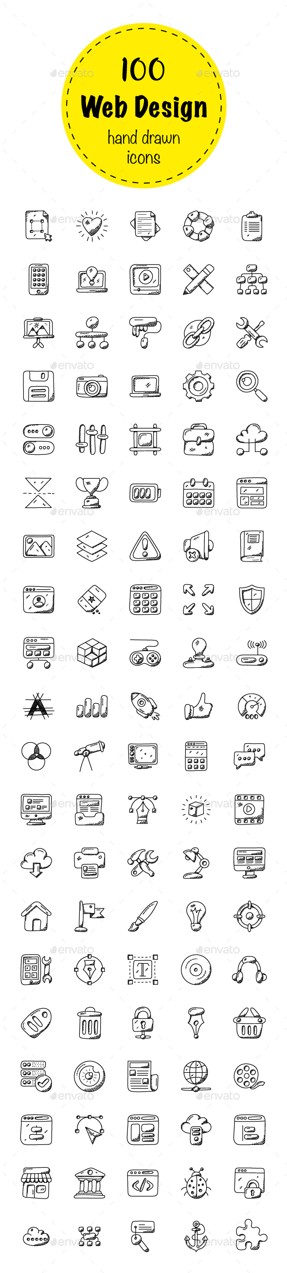 100 Web Design Doodle Icons - Icons
