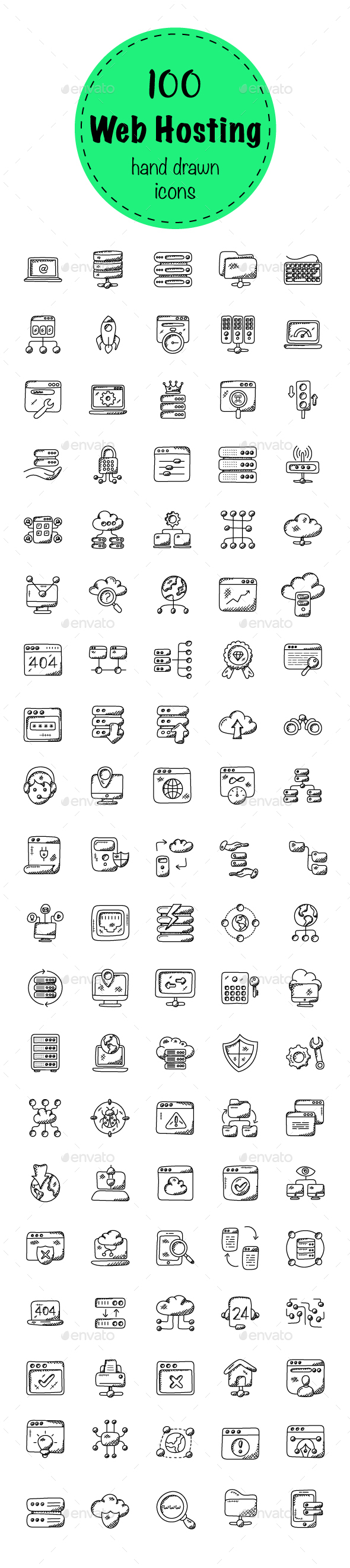 100 Web Hosting Doodle Icons - Icons