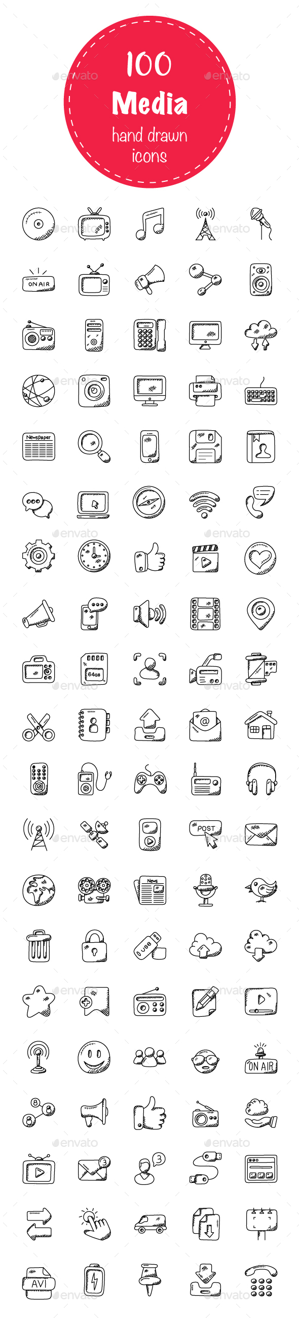 100 Media Doodle Icons - Icons