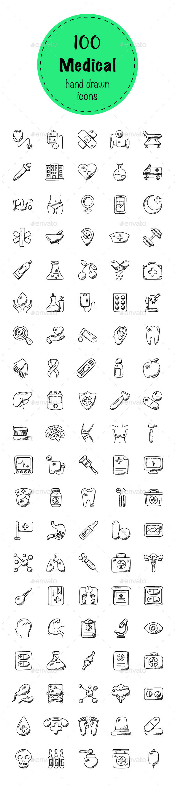 100 Medical and Health Doodle Icons - Icons