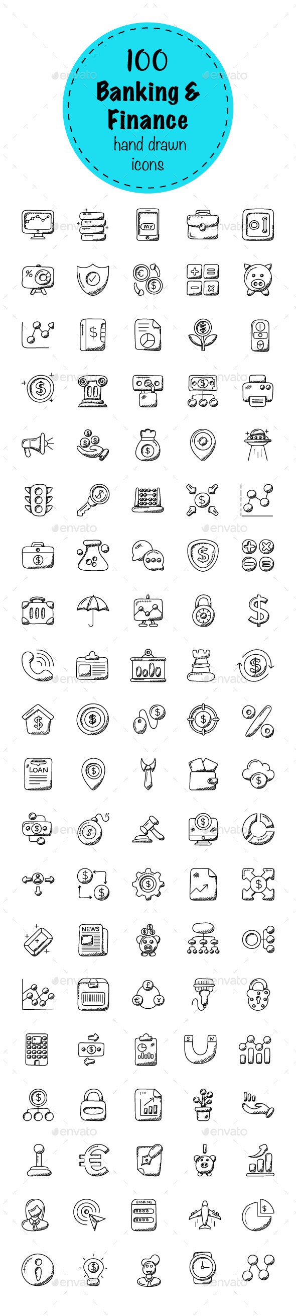 100 Banking and Finance Doodle Icons - Icons