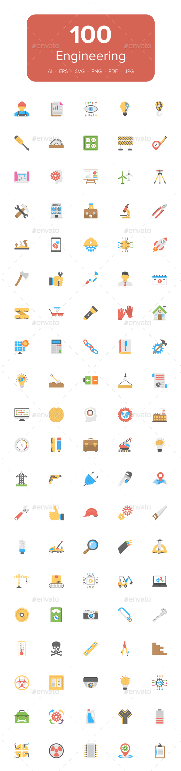 100 Engineering Flat Vector Icons - Icons