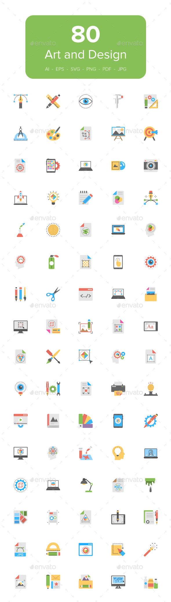 80 Art and Design Flat Icons Set - Icons