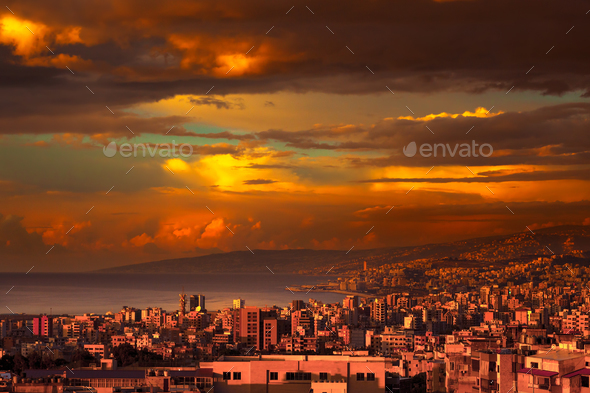 Beautiful coastal city on sunset - Stock Photo - Images