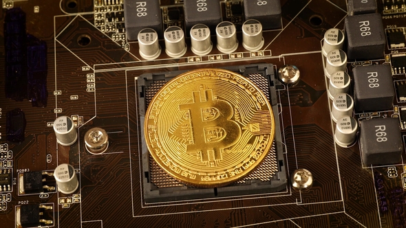 Gold Bit Coin BTC Coins on the Motherboard. Bitcoin Is a Worldwide Cryptocurrency alt