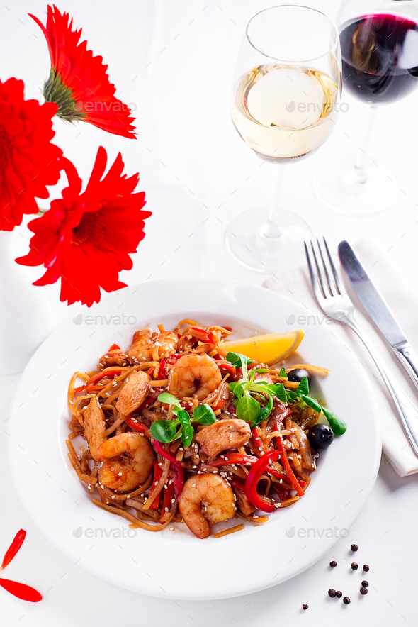 Cold Soba Buckwheat Noodle in white plate on table with wine - Stock Photo - Images