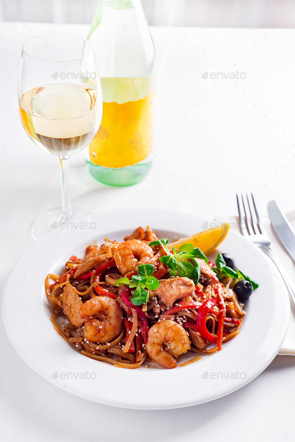 Cold Soba Buckwheat Noodle in white plate on table with wine - Stock Photo - Images