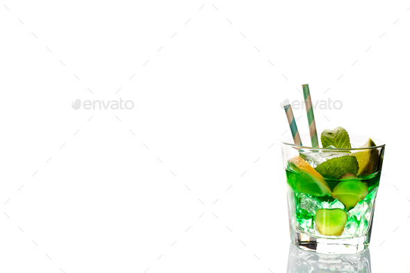 Low angle close up of ice cold modern gourmet craft cocktail of gin and tonic soda - Stock Photo - Images