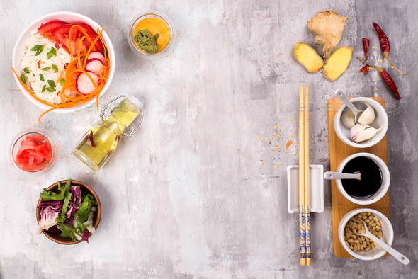 Spicy glass noodles with vegetables - carrots, cucumber, peppers, garlic. - Stock Photo - Images