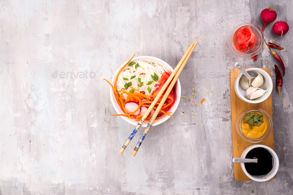 Ingredients for preparation of pickled ginger and kimchi from radish - Stock Photo - Images