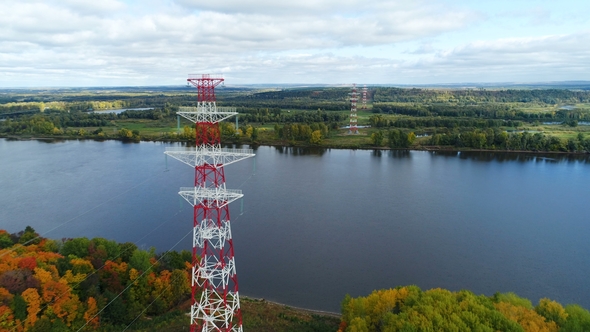 High Voltage Line Wires Attached By Traverses To Supports alt