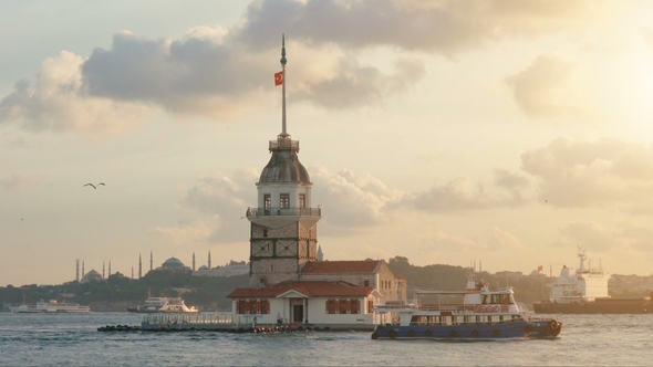 Maidens Tower in Istanbul, Turkey, Kiz Kulesi Tower, Sunset in Istanbul