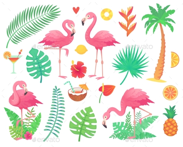 Pink Flamingo and Tropical Plants - Animals Characters