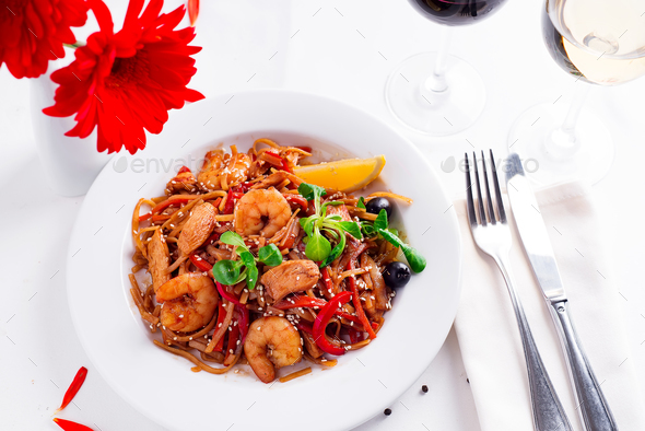 Cold Soba Buckwheat Noodle in white plate on table with wine - Stock Photo - Images