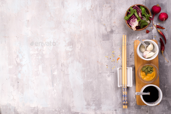 Ingredients for preparation of pickled ginger and kimchi from radish - Stock Photo - Images