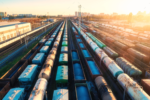 Aerial view of colorful freight trains on railroad - Stock Photo - Images