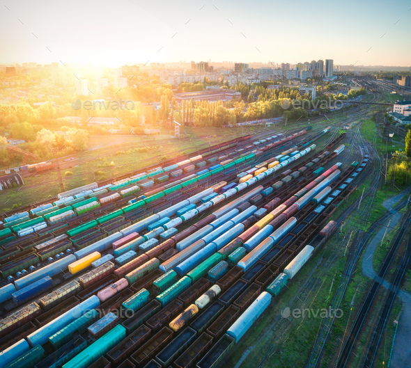 Aerial view of colorful freight trains on railroad - Stock Photo - Images