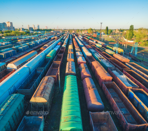 Aerial view of colorful freight trains on railroad - Stock Photo - Images