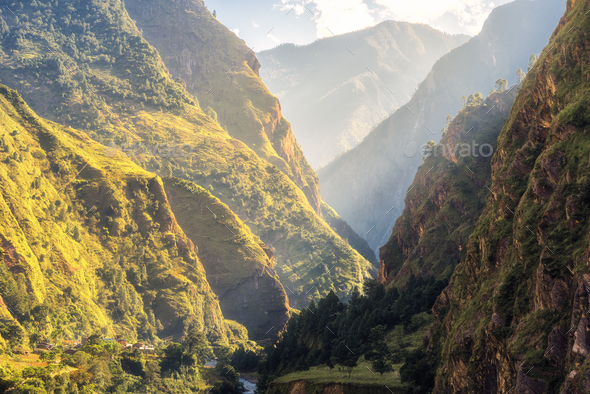 Colorful landscape with mountains, river at sunrise in summer - Stock Photo - Images