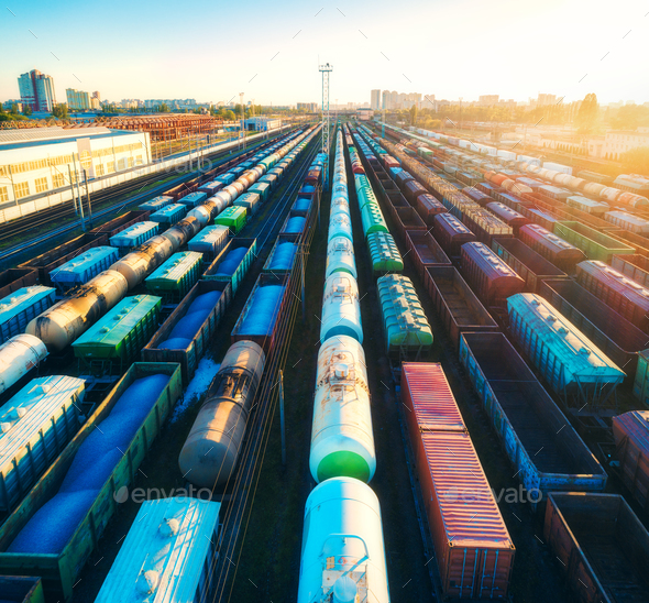 Aerial view of colorful freight trains on railroad - Stock Photo - Images
