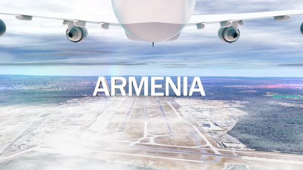 Commercial Airplane Over Clouds Arriving Country Armenia