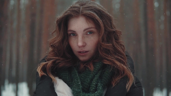 Portrait of a Strange and Mysterious Red-haired Girl in a Winter Forest. Snowfall. Snowflake on Hair alt