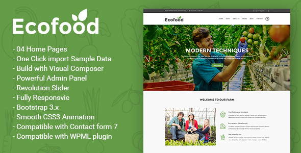     Ecofood is an WordPress Theme for Organic Food, Organic Store & Farm . It’s a growing industry. It based on Bootstrap 3 .Theme has a universal design, it thought every detail and animation effect. Its just as easy to customize to fit your needs, replace images and texts.