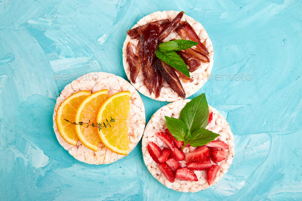 Snack with rice crispbread and fresh fruits - Stock Photo - Images