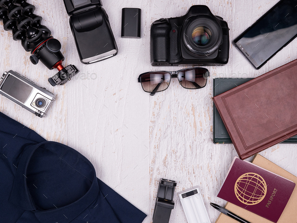 Flat lay top view of traveler accessories - Stock Photo - Images
