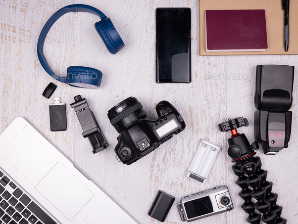 Flat lay top view of traveler accessories - Stock Photo - Images