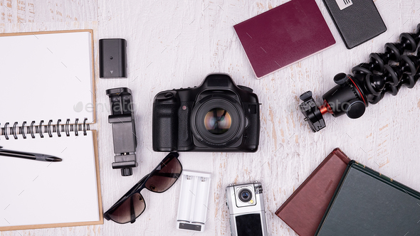 Flat lay top view of traveler accessories - Stock Photo - Images