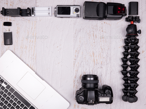 Flat lay top view of traveler accessories - Stock Photo - Images