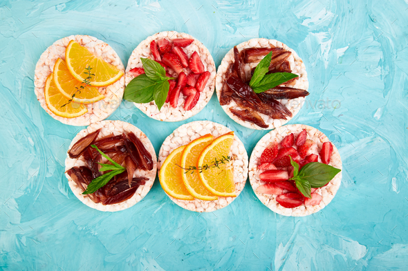 Snack with rice crispbread and fresh fruits - Stock Photo - Images