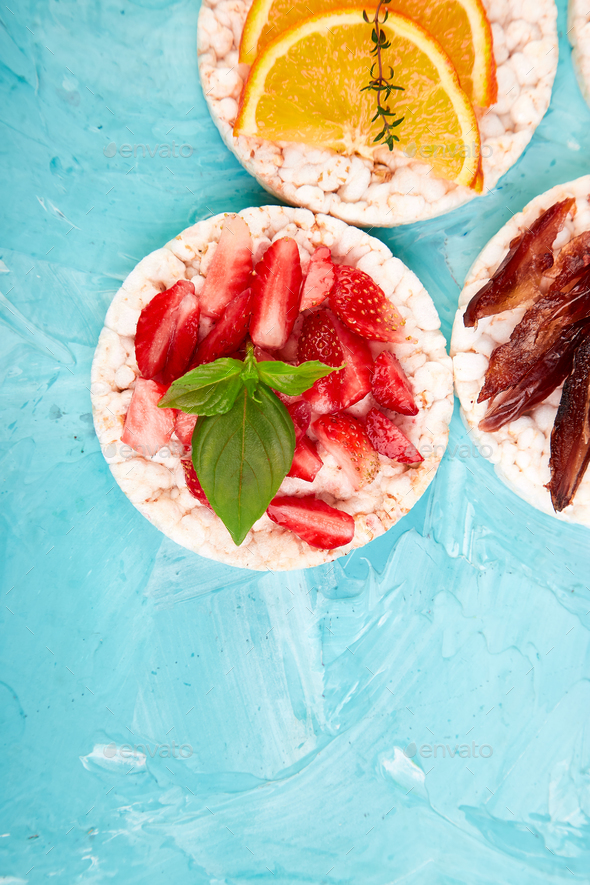 Snack with rice crispbread and fresh fruits - Stock Photo - Images