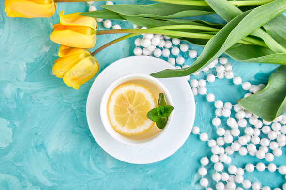 White cup of tea with lemon - Stock Photo - Images