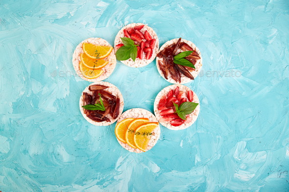 Snack with rice crispbread and fresh fruits - Stock Photo - Images