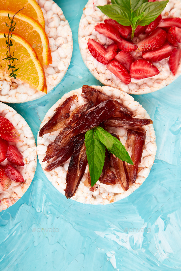Snack with rice crispbread and fresh fruits - Stock Photo - Images