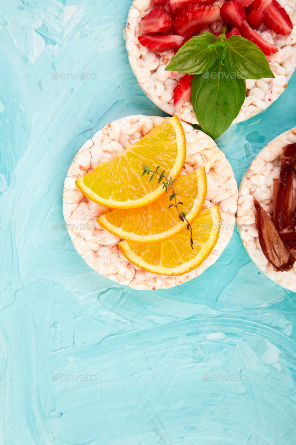 Snack with rice crispbread and fresh fruits - Stock Photo - Images