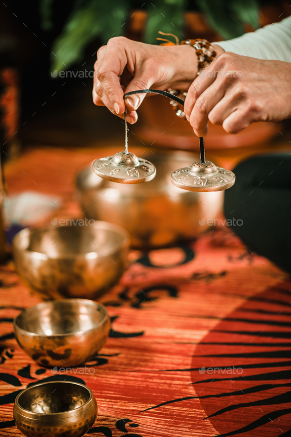 Tibetan bells in sound therapy - Stock Photo - Images