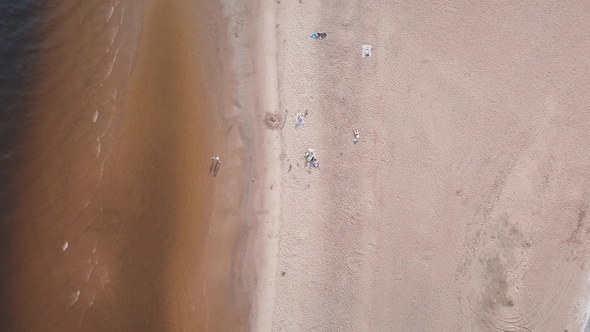 Aerial Shot of Sand Beach in Saint Petersburg, Russia. People Resting Area, Summer Baltic Sea Top