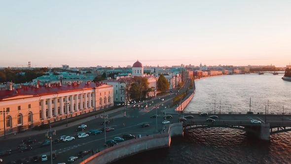 Aerial View of Sunset Over Neva River in Saint Petersburg, Russia. Vasilievskiy Island City